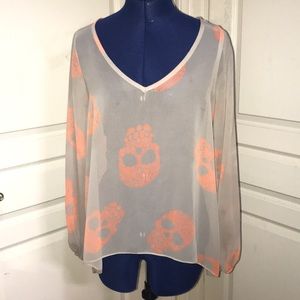 Windsor Tan Sheer Blouse w/Orange Sugar Skulls
